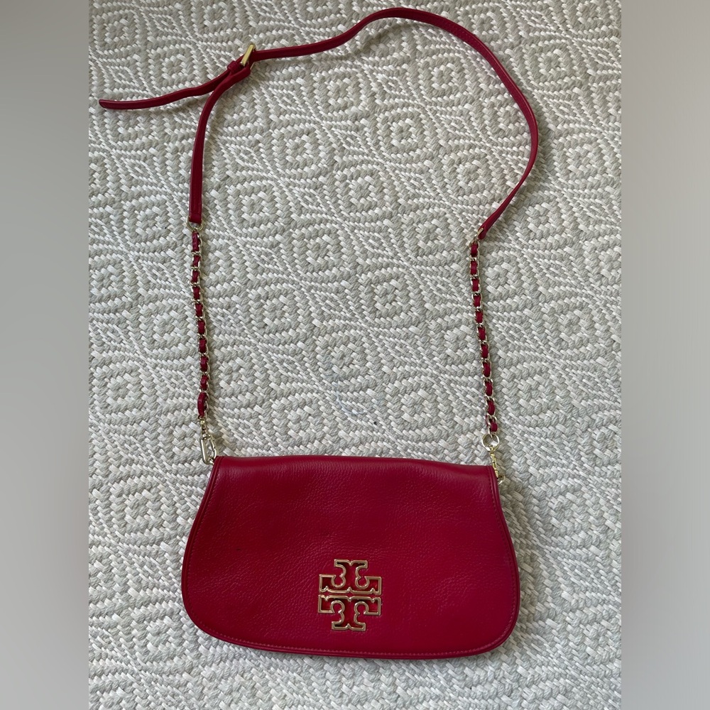 Tory Burch red cross body with gold chain well loved
